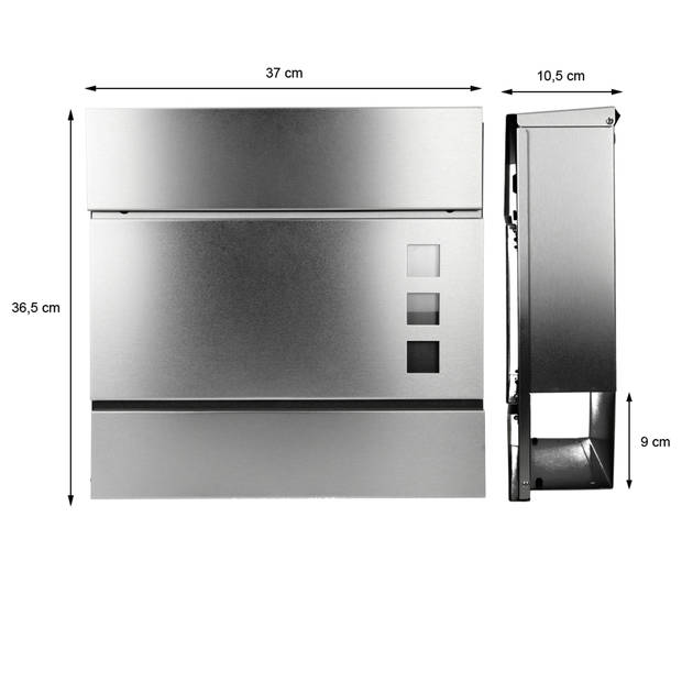 Moderne designbrievenbus met krantenvak, zilver, gemaakt van roestvrij staal met 2 sleutels en montagemateriaal