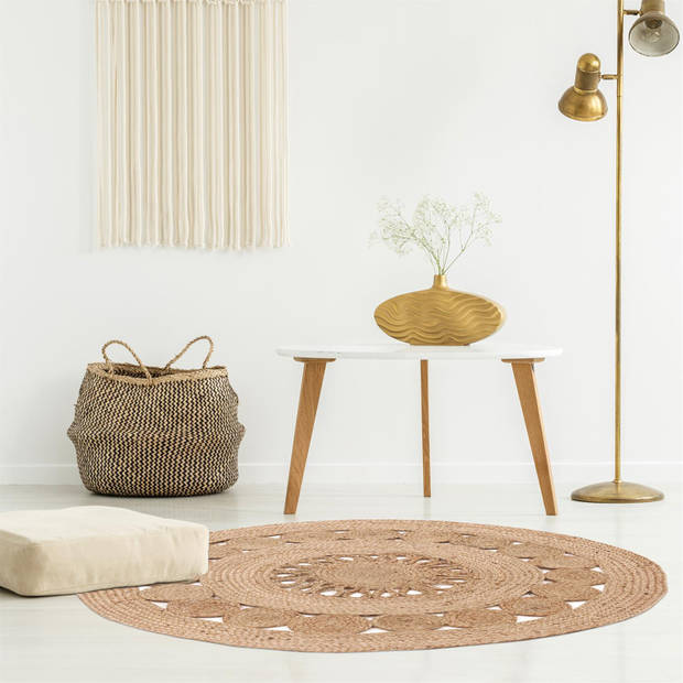 Vloerkleed Jute Naturel met Motief rond Ø 90 cm - Bruin