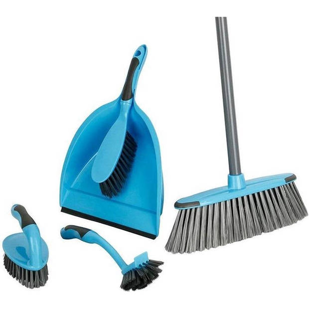 Cleaning set 6 pieces - Broom with handle - tin with hand brush - hand scrubber - dish brush