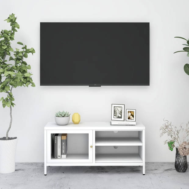 vidaXL Tv-meubel 90x30x44 cm staal en glas wit