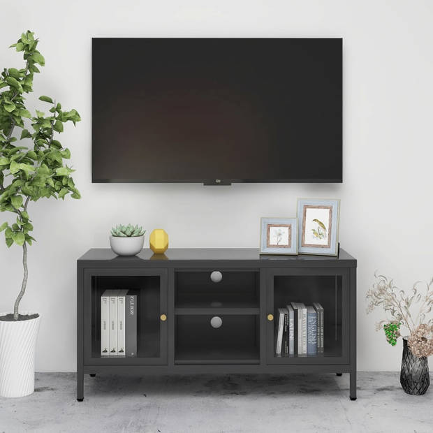 vidaXL Tv-meubel 105x35x52 cm staal en glas antracietkleurig