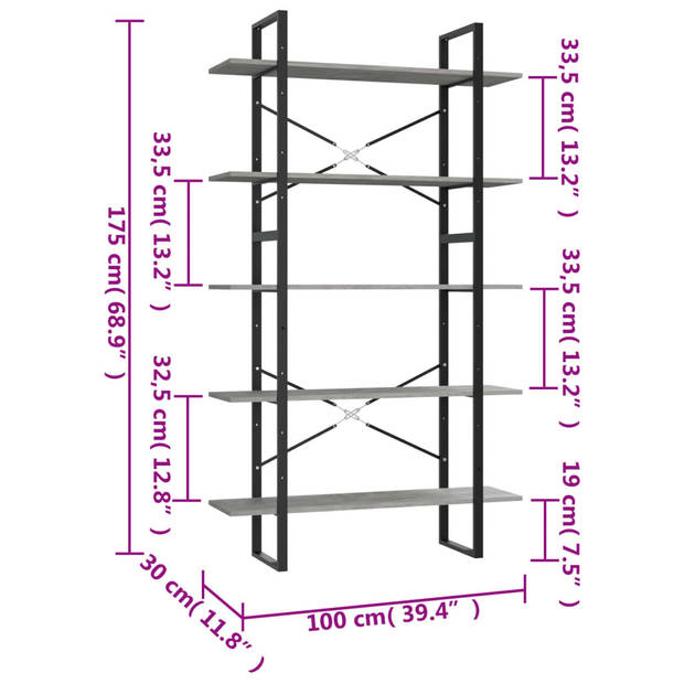 vidaXL Boekenkast met 5 schappen 100x30x175 cm bewerkt hout betongrijs