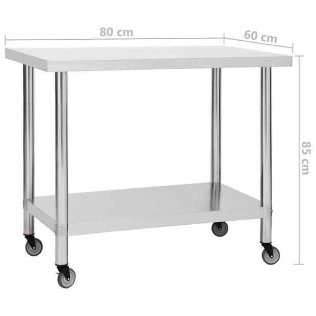 vidaXL Keukenwerktafel met wielen 80x60x85 cm roestvrij staal