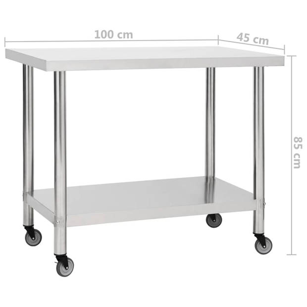 vidaXL Keukenwerktafel met wielen 100x45x85 cm roestvrij staal