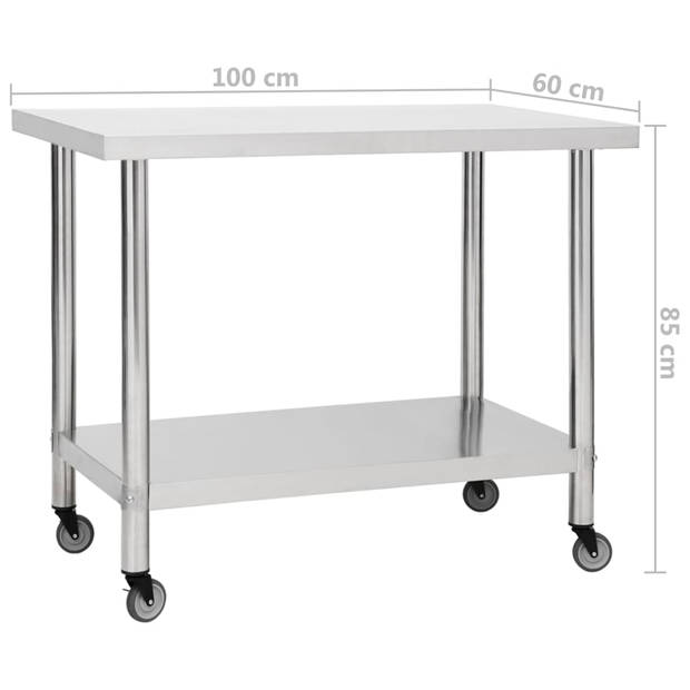 vidaXL Keukenwerktafel met wielen 100x60x85 cm roestvrij staal