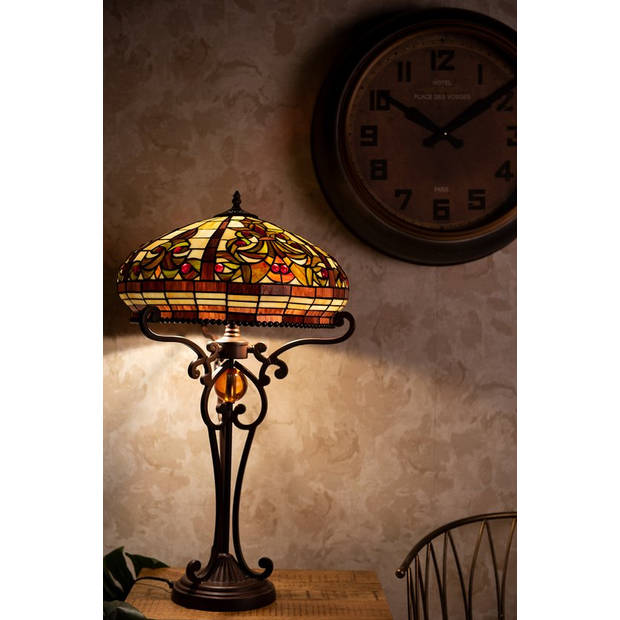 HAES DECO - Tiffany Tafellamp Creme, Bruin Ø 42x72 cm Fitting E27 / Lamp max 2x60W