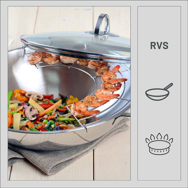 Orange85 RVS Wokpan - met Deksel - Inductie en Rooster - 32 cm - Alle Warmtebronnen - PTFE en PFAS Vrij