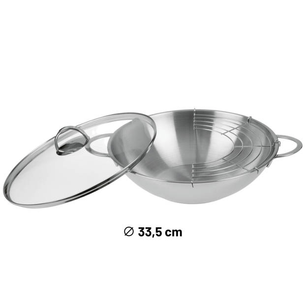 Orange85 RVS Wokpan - met Deksel - Inductie en Rooster - 32 cm - Alle Warmtebronnen - PTFE en PFAS Vrij