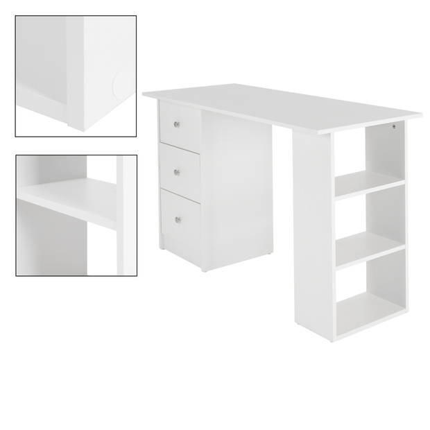 ML-Design bureau wit, 120x49x72 cm, met 3 laden en 3 legplanken, spaanplaat