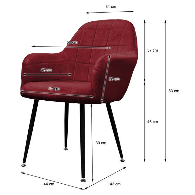 Set van 2 eetkamerstoelen, Bordeaux, met rugleuning en armleuningen