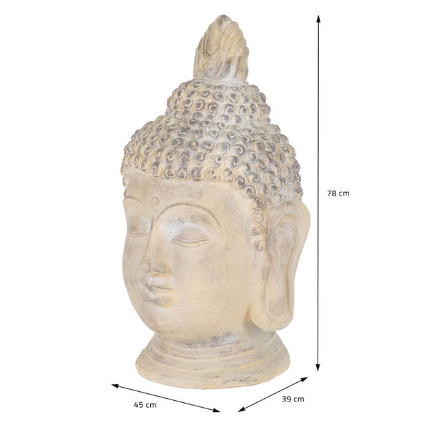 Boeddha hoofd beeld beige/grijs, 45x39x78 cm, gemaakt van gegoten steen