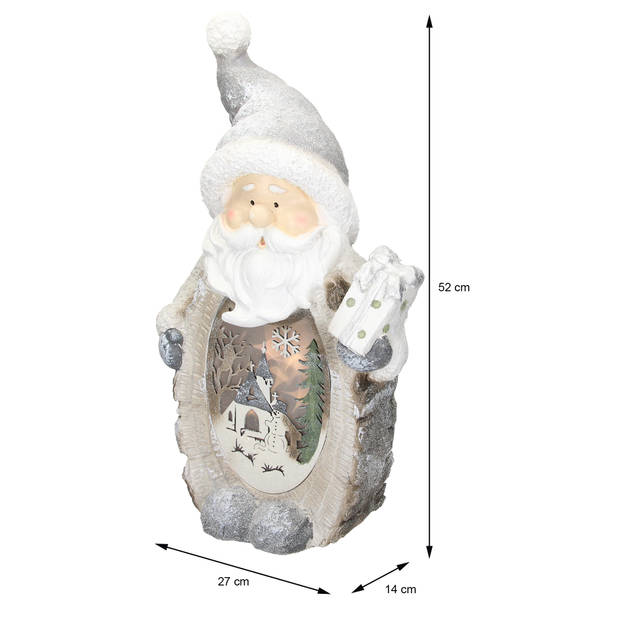 ECD Germany Kerstman Decoratie Figuur met LED-verlichting 52cm Warm wit met grijze hoed en sjaal, houten look