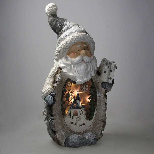 ECD Germany Kerstman Decoratie Figuur met LED-verlichting 52cm Warm wit met grijze hoed en sjaal, houten look
