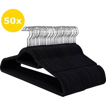 Set van 50 Anti-slip kleerhangers, dunne Kledinghangers met Fluweel, Kapstokken met Broeklat of Roklat, Zwart