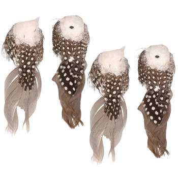 4x Kerstboom decoratie vogeltjes op clip grijs/wit 11 cm - Kersthangers