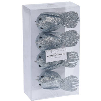 4x Kerstboomversiering glitter vogels op clip zilvergrijs 17 cm - Kersthangers