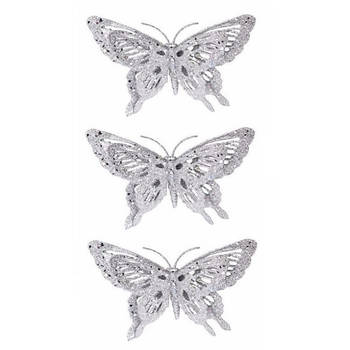 3x Kerstboom decoratie vlinder zilver 15 cm - Kersthangers