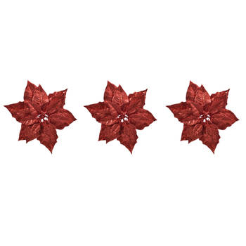 3x stuks decoratie bloemen kerstster rood glitter op clip 23 cm - Kunstbloemen