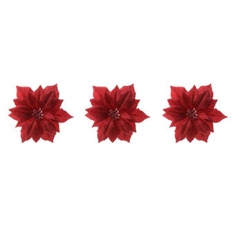 4x stuks decoratie bloemen kerstster rood glitter op clip 24 cm - Kunstbloemen