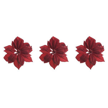 6x stuks decoratie bloemen kerstster rood glitter op clip 24 cm - Kunstbloemen