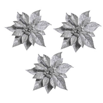 6x stuks Kerstversieringen kerststerren bloemen zilver op clip - Kersthangers