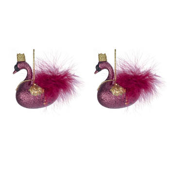 2x stuks kunststof kersthangers zwaan fuchsia roze 14 cm kerstornamenten - Kersthangers