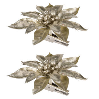 2x stuks decoratie bloemen kerstster champagne glitter op clip 9 cm - Kunstbloemen