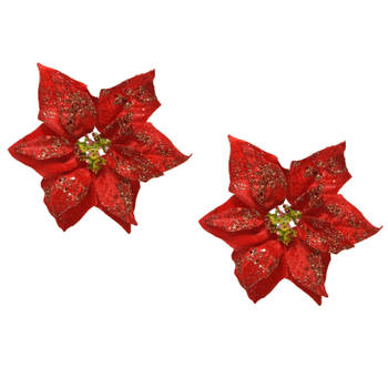 Decoris Kerstboom bloemen op clip - rood - 20 cm - kunststof - Kersthangers