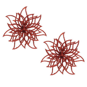 2x stuks decoratie bloemen kerstster rood glitter op clip 14 cm - Kunstbloemen