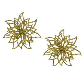 2x stuks decoratie bloemen kerstster goud glitter op clip 14 cm - Kunstbloemen