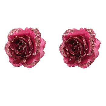 2x stuks decoratie bloemen roos framboos roze (magnolia) glitter op clip 14 cm - Kunstbloemen