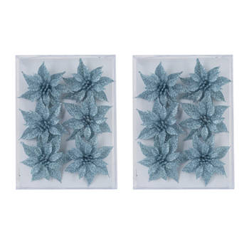 12x stuks decoratie bloemen rozen ijsblauw glitter op ijzerdraad 8 cm - Kersthangers