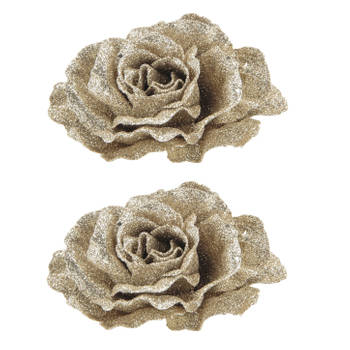 4x stuks decoratie bloemen roos champagne glitter op clip 10 cm - Kunstbloemen