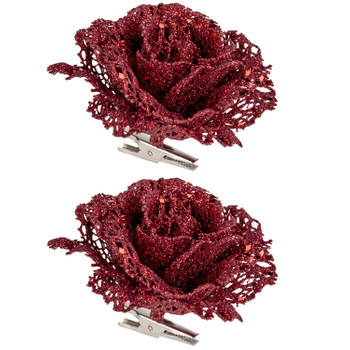 2x stuks decoratie bloemen roos rood glitter op clip 10 cm - Kunstbloemen
