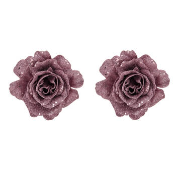 2x stuks decoratie bloemen roos roze glitter op clip 10 cm - Kunstbloemen