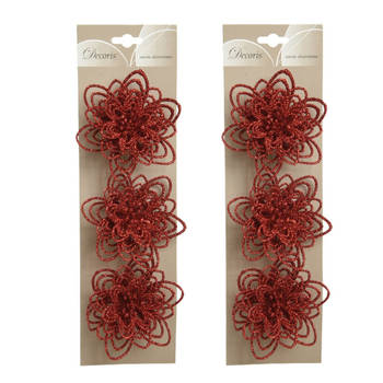 6x stuks decoratie bloemen rood glitter op clip 11 cm - Kunstbloemen