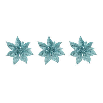 3x stuks decoratie bloemen kerstster ijsblauw glitter op clip 15 cm - Kunstbloemen