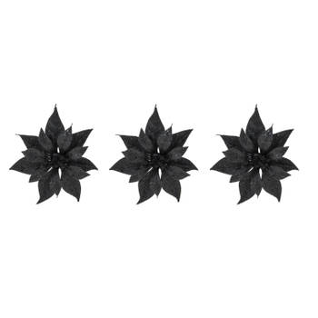 3x stuks decoratie bloemen kerstster zwart glitter op clip 18 cm - Kunstbloemen
