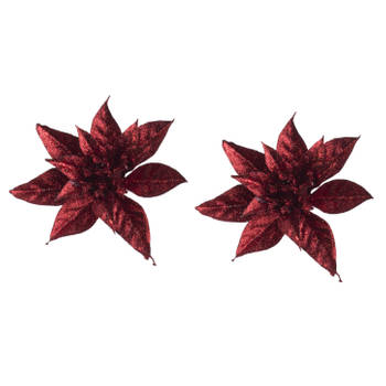 2x stuks decoratie bloemen kerstster rood glitter op clip 15 cm - Kunstbloemen