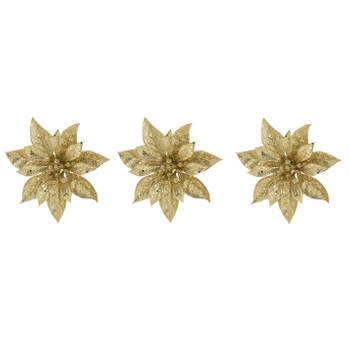 3x stuks decoratie bloemen kerstster goud glitter op clip 15 cm - Kunstbloemen