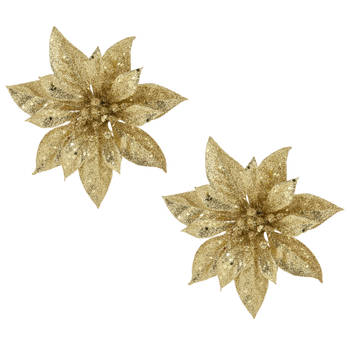 2x stuks decoratie bloemen kerstster goud glitter op clip 15 cm - Kunstbloemen