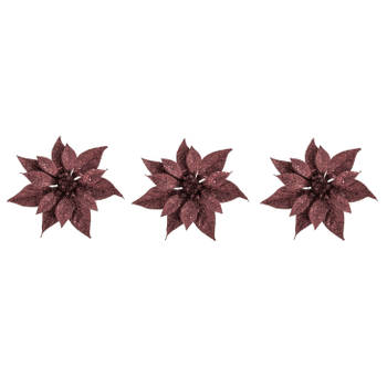 3x stuks decoratie bloemen kerstster donkerrood glitter op clip 18 cm - Kunstbloemen