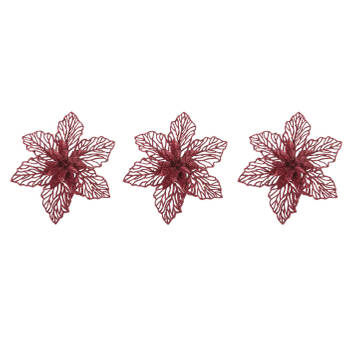 3x stuks decoratie bloemen kerstster rood glitter op clip 17 cm - Kunstbloemen