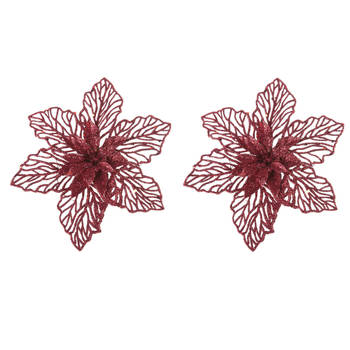 2x stuks decoratie bloemen kerstster rood glitter op clip 17 cm - Kunstbloemen
