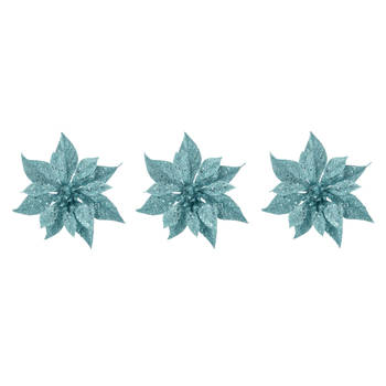 3x stuks decoratie bloemen kerstster ijsblauw glitter op clip 18 cm - Kunstbloemen