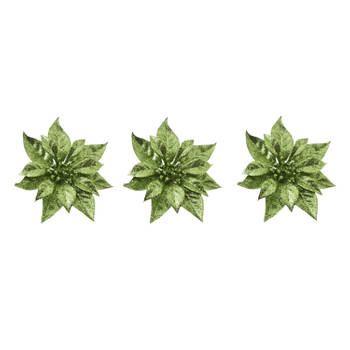 3x stuks decoratie bloemen kerstster groen glitter op clip 18 cm - Kunstbloemen