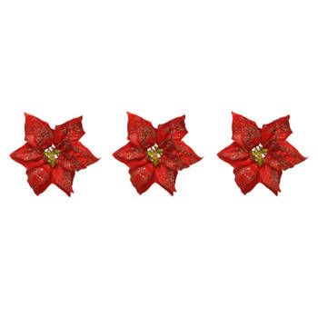 3x stuks decoratie bloemen kerstster rood glitter op clip 20 cm - Kunstbloemen