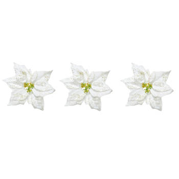 3x stuks decoratie bloemen kerstster wit glitter op clip 20 cm - Kunstbloemen