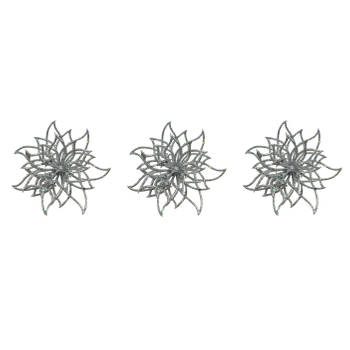 3x stuks decoratie bloemen kerstster zilver glitter op clip 14 cm - Kunstbloemen