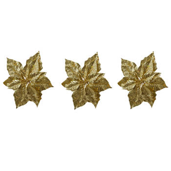 3x stuks decoratie bloemen kerstster goud glitter op clip 23 cm - Kunstbloemen
